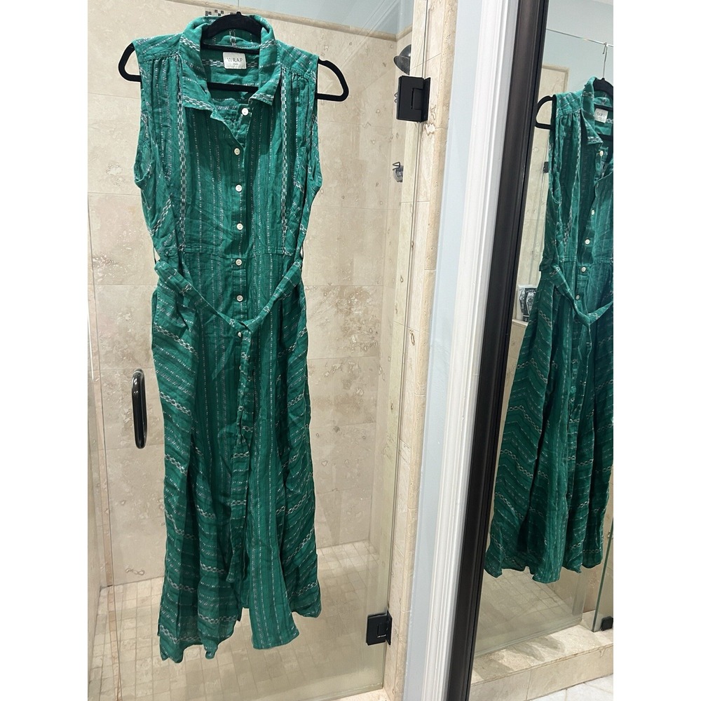 Wrap London Women 14 Green Linen Embroidered Belted Maxi Dress ZB44 Boho